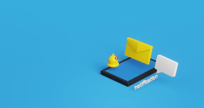Notification message bell icon alert and alarm on pastel color background with smartphone reminder. 3D rendering.