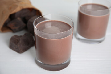 Delicious chocolate milk on white wooden table