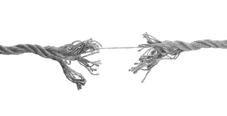 Frayed rope at breaking point on white background, banner design. Cheating concept