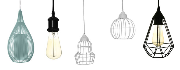 Set with stylish lamps hanging on white background. Banner design