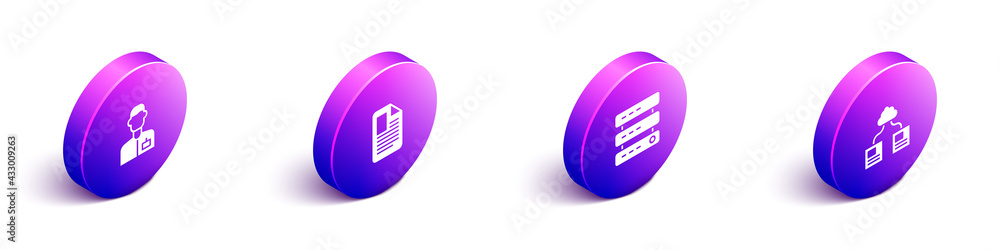 Poster Set Isometric Analyst engineer, File document, Server, Data, Web Hosting and Cloud technology data transfer icon. Vector