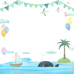 海の風景とクジラとカモメのいる北欧風かわいいフレームイラスト素材 Advertisement Wall Mural Advertiseme Melchi