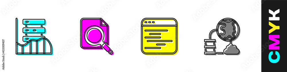 Poster set server, data, web hosting, search concept with folder, software and network cloud connection ico