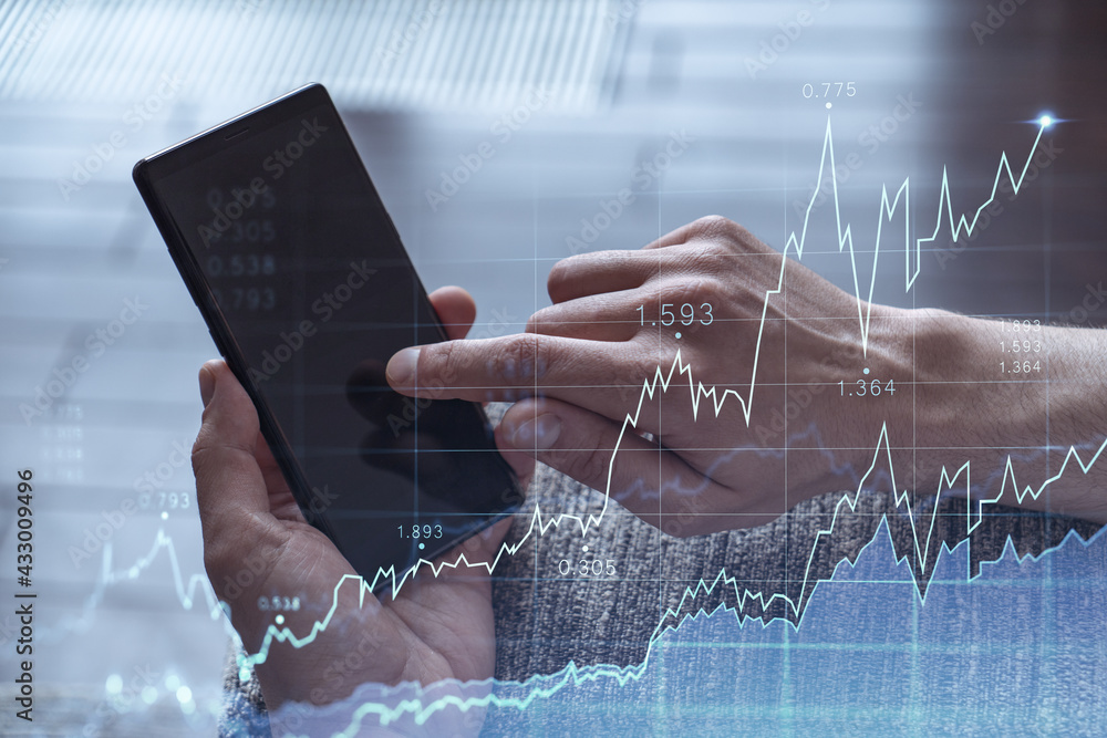 Poster trader holding in the hands a smart phone and researching stock market to proceed right investment s