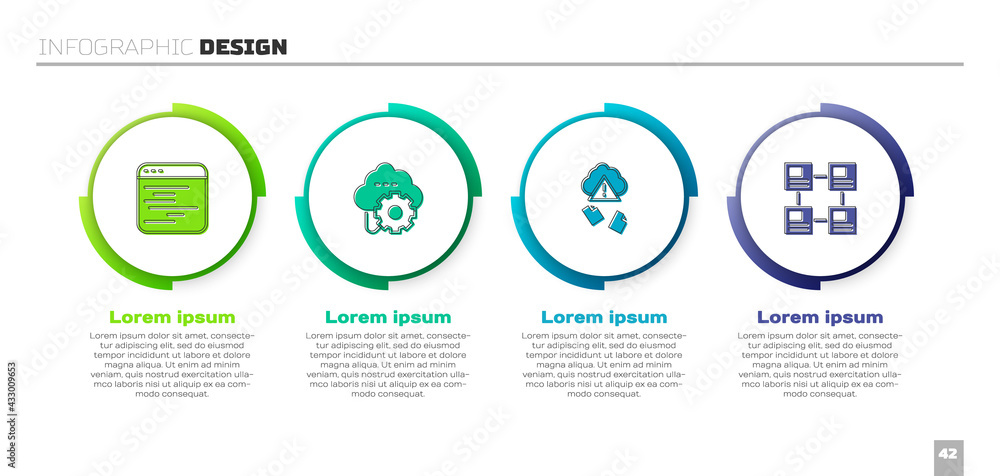 Poster set software, cloud technology data transfer, hacking and hierarchy organogram chart. business infog