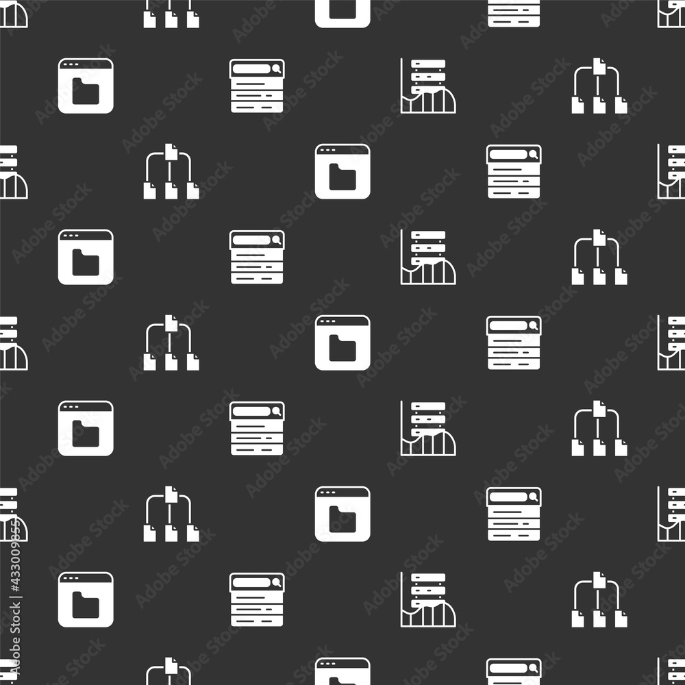 Poster set server, data, web hosting, folder tree, browser files and search engine on seamless pattern. vec