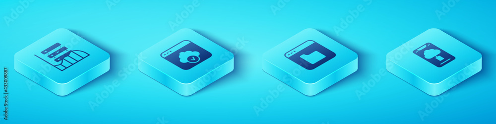 Poster set isometric server, data, web hosting, cloud technology data transfer, and browser files icon. vec
