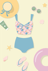 summer vector background with a swimsuit, flip flops,  straw hat and other beach icons for banners, cards, flyers, social media wallpapers, etc.