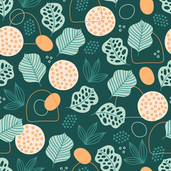 Summer seamless pattern with tropical leaves, lines, circles, dots