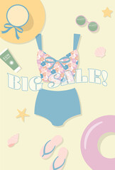 summer vector background with a swimsuit, flip flops,  straw hat and other beach icons for banners, cards, flyers, social media wallpapers, etc.