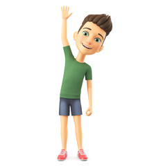 3d render illustration. Cheerful cartoon character in a green T-shirt with a raised hand on a white background.