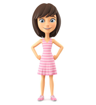 3d render illustration. Cheerful cartoon girl in a pink striped dress on a white background.