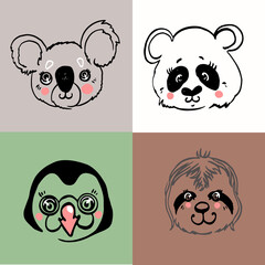Baby animals portrait: penguin, panda, sloth, koala. Black line sketch for Kids t-shirt. Cartoon cute animal head illustration. Vector hand drawing doodle logo style.