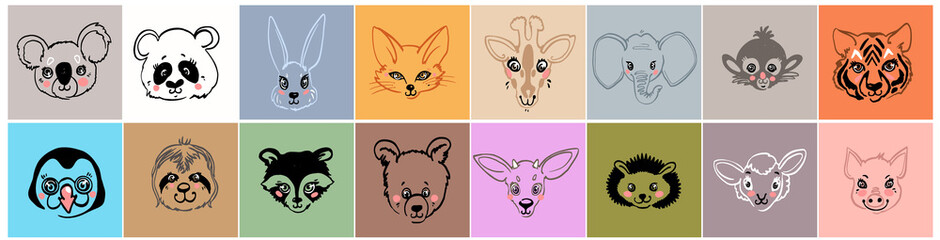 Pastel color sketch animals portrait. Cartoon vector illustration. Vector hand drawing. Giraffe, sheep, pig, sloth, panda, penguin, bear, monkey, elephant, hedgehog, koala, raccoon, deer, fox, tiger.