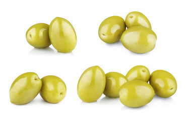 Collection of delicious green olives, isolated on white background