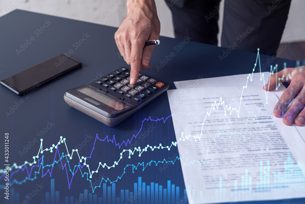 Poster a trader computing historic data to predict stock market behavior. internet trading concept. forex a