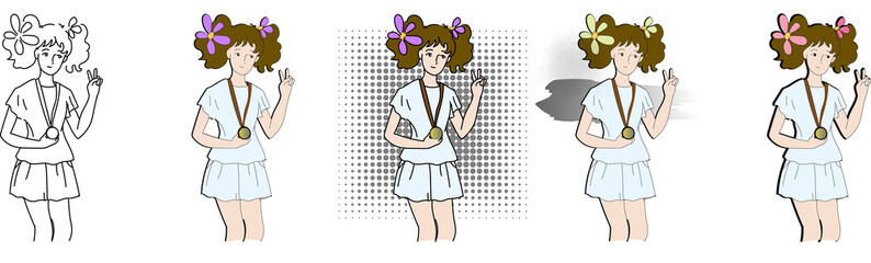 A girl cartoon with a medal around her neck and a V-shaped hand. Vector. Five types.