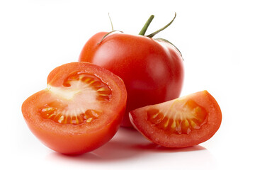 Red tomato and a half tomato isolated on a white background.