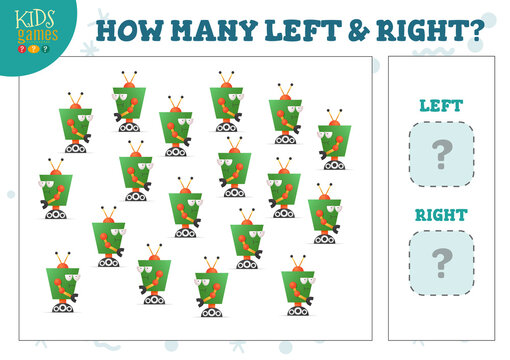 How many left and right cartoon robots kids counting game vector illustration. Development activity for preschool children with counting objects