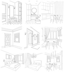 vector, isolated sketch, hand drawn interior set, collection