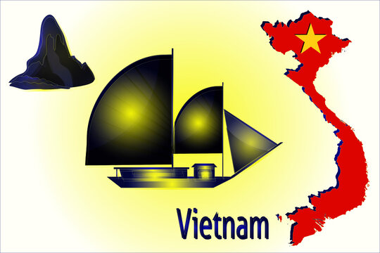 Vietnam national ship and mountains. Tourist postcard of Vietnam. Flag in the form of a contour of the territory of Vietnam on the world map. Neon style.