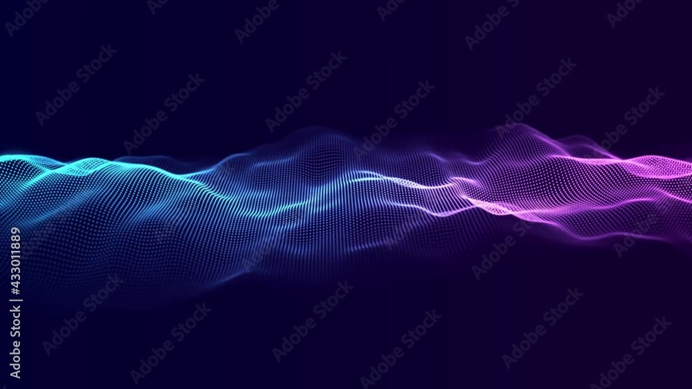 Poster abstract wave with moving dots and lines. flow of particles. cyber technology illustration. 3d rende
