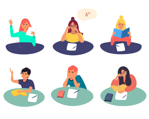 Students and schoolchildren sitting at a desk. Students prepare for exams, students pass the school test.. Vector cartoon illustration