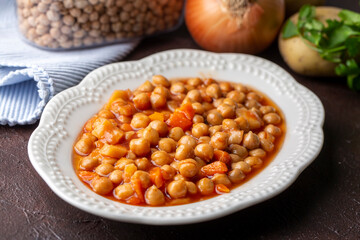 Traditional delicious Turkish foods; Turkish Food Chickpeas with Meat. Turkish name; Etli nohut