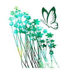 Fototapeta na wymiar The background is a postcard with small and Blue-green flowers. Summer meadow with butterflies. Vector illustration