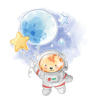 Cute cartoon lion astronaut with balloon star vector illustration