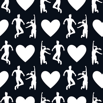 Seamless pattern with silhouettes of young happy couple in jumping poses with hearts. Stock vector illustration.