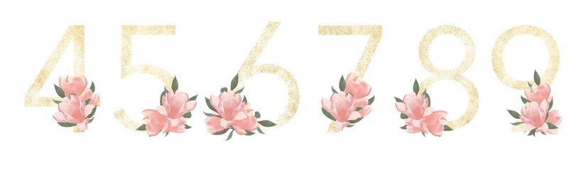 A set of gold-colored numbers, decorative elements with pink magnolia flowers, a set for decoration, invitations © Александра Уткаева