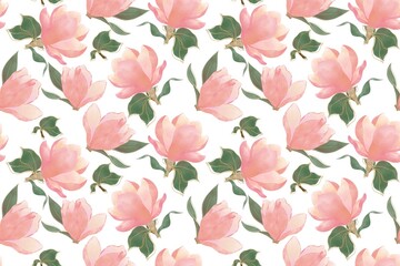 Compositions of leaves and flowers of magnolia, pink, seamless pattern on a white background