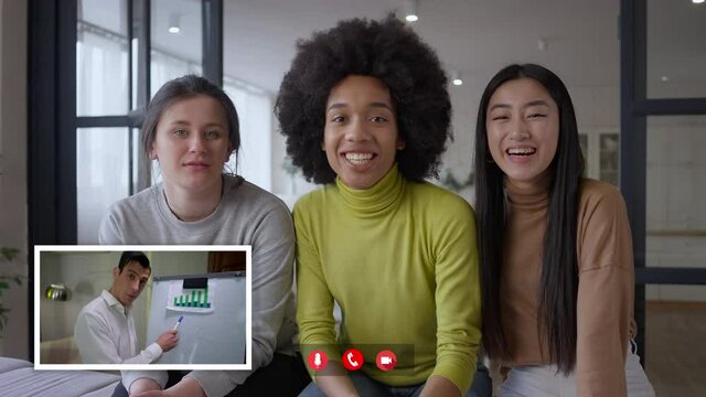 Positive multiethnic women waving greeting man in virtual conference. Web chat POV of cheerful multinational team conferencing online from home office on lockdown. New normal business lifestyle
