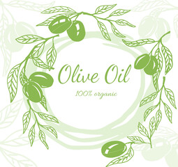 Hand drawn vector illustration templates for olive oil packaging. Olives arrangements with olive branches. Hand drawn Illustration in vector.

