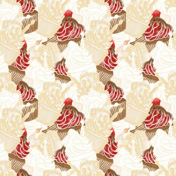 seamless, solid pattern of colored, hatched, and contoured illustrations, red strawberry cupcake, and gold lin