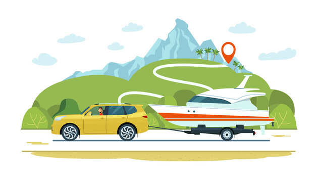 SUV Car With A Driver Tows A Trailer With A Boat. Vector Illustration.