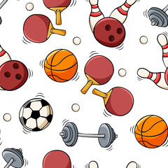 Hand drawn seamless pattern with ping pong rackets and ball, dumbbell, bowling ball and pins, soccer ball, basketball ball in doodle sketch style. Sport equipment pattern for wallpaper, background