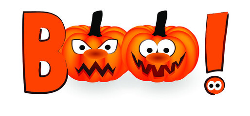 Slogan boo with eyeballs and no smiling face. Pumpkin, happy halloween party on 31 october fest. Ghosts pictogram. Flat vector ghost sign. Cartoon spook pattern. Zombie, monster, spooky symbol.