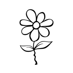 Hand drawn cute flower on stem. Clip art, black and white stylized botanical elements for design isolated. Vector illustration in doodle cartoon style