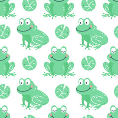 Childish seamless pattern with frogs and lilies.