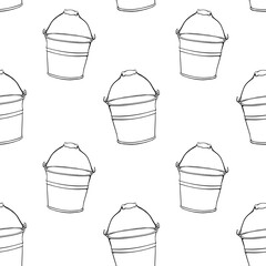 Vector seamless pattern of aluminum metal buckets with handle. Background and texture of contour elements in the doodle style