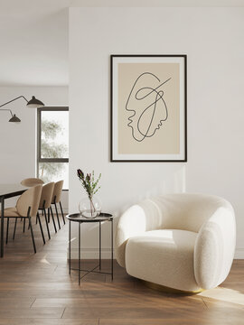 3d rendering of a minimal relaxed space with earthy tones and a beige sheepskin club armchair	
