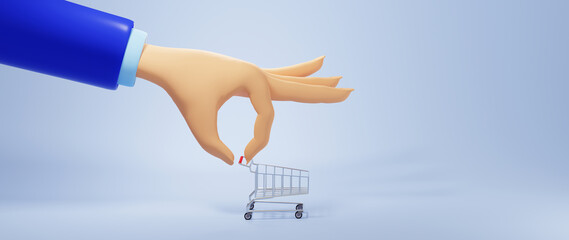 3D render of hand of business man and trolley. Business online mobile and e-commerce on web shopping concept. Secure online payment transaction with smartphone.