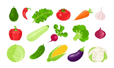 Set of vegetables flat icons. Vector cartoon illustration. Organic food.