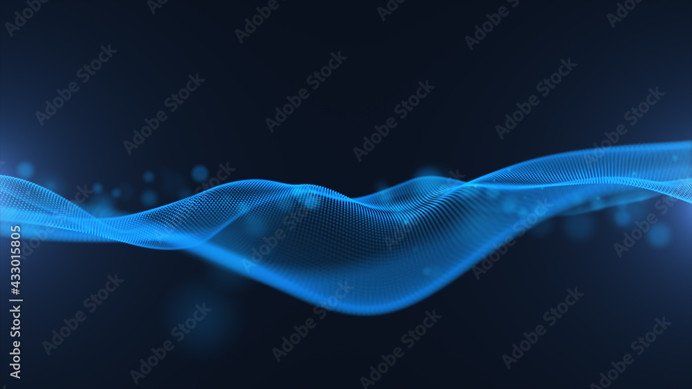 Poster abstract digital blue particle wave and light, cyberspace technology background 3d rendering