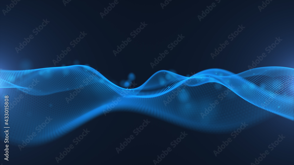 Poster abstract digital blue particle wave and light, cyberspace technology background 3d rendering