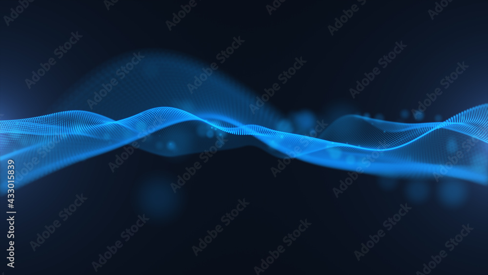 Poster abstract digital blue particle wave and light, cyberspace technology background 3d rendering