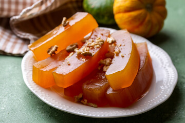 Traditional delicious Turkish cuisine; Pumpkin dessert or jam (Turkish name; Kirecte kabak receli ya da kabak tatlisi)