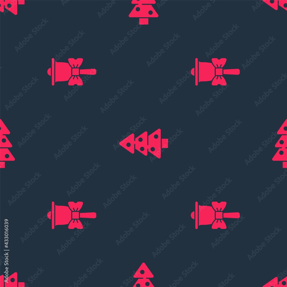 Poster set merry christmas ringing bell and tree on seamless pattern. vector